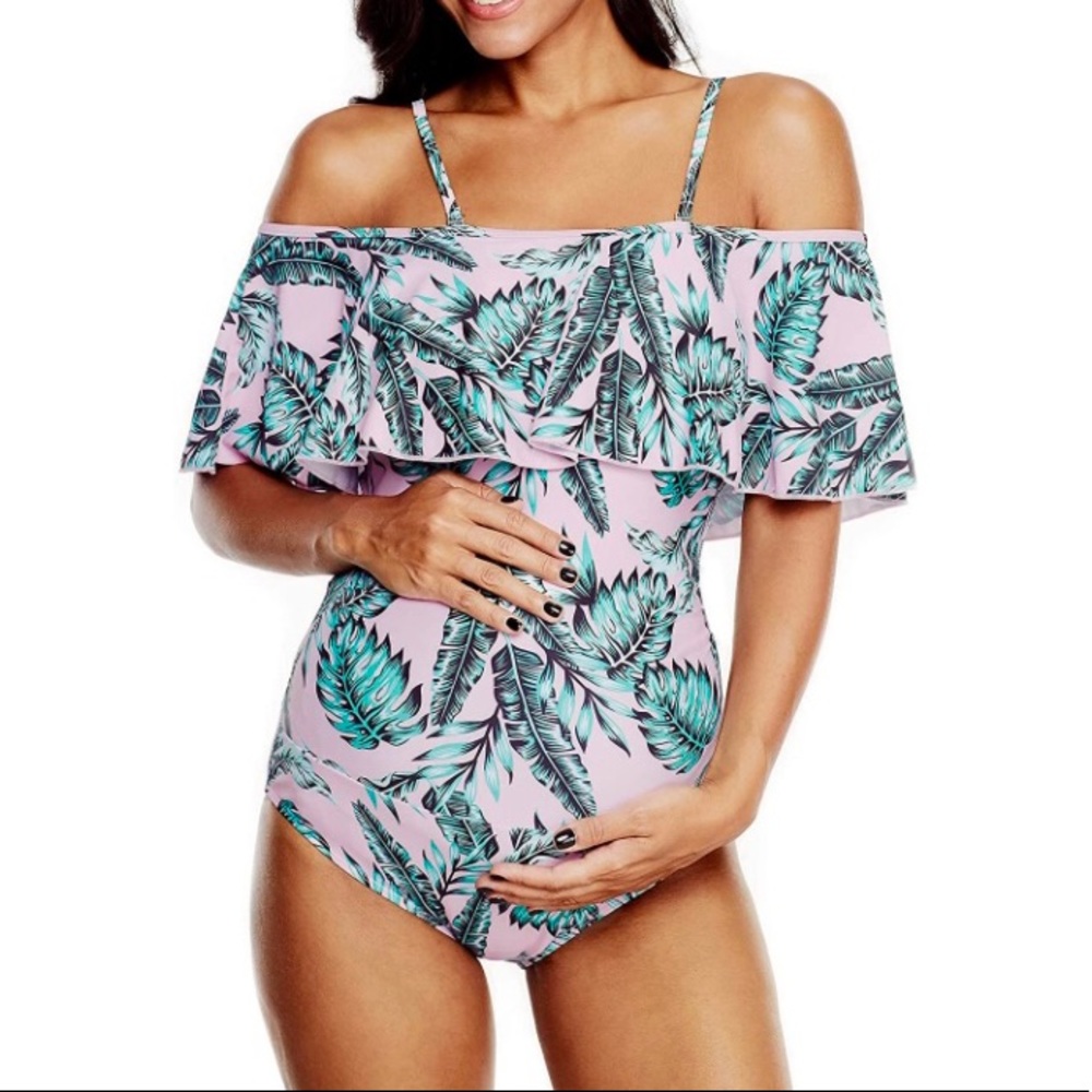 🎉 2X HOST PICK | New Tropical Leaf Flounce Off The Shoulder Maternity Swimsuit - Picture 3 of 11
